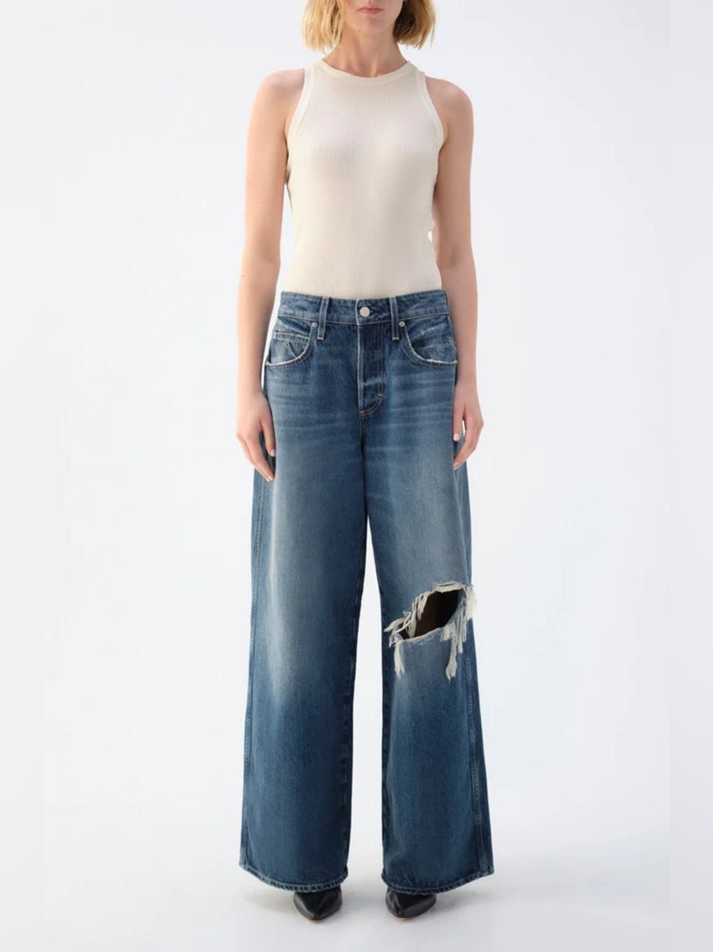 AMO Distressed Wide-Leg Mid-Blue Jeans
